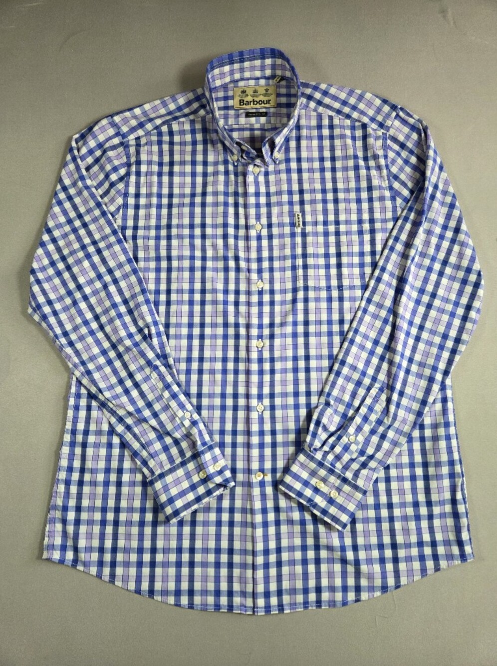 Barbour Men's Performance Long-Sleeve Blue & White Checked Shirt Size Medium